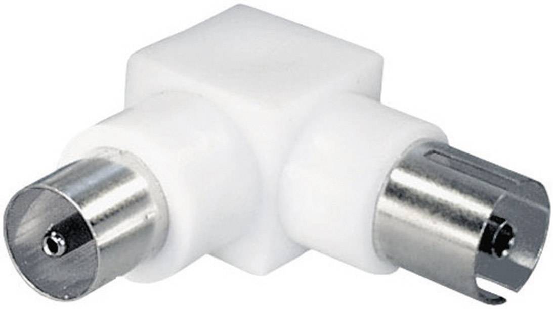 Un adaptateur d'antenne blanc avec deux connexions coaxiales, une mâle et une femelle.