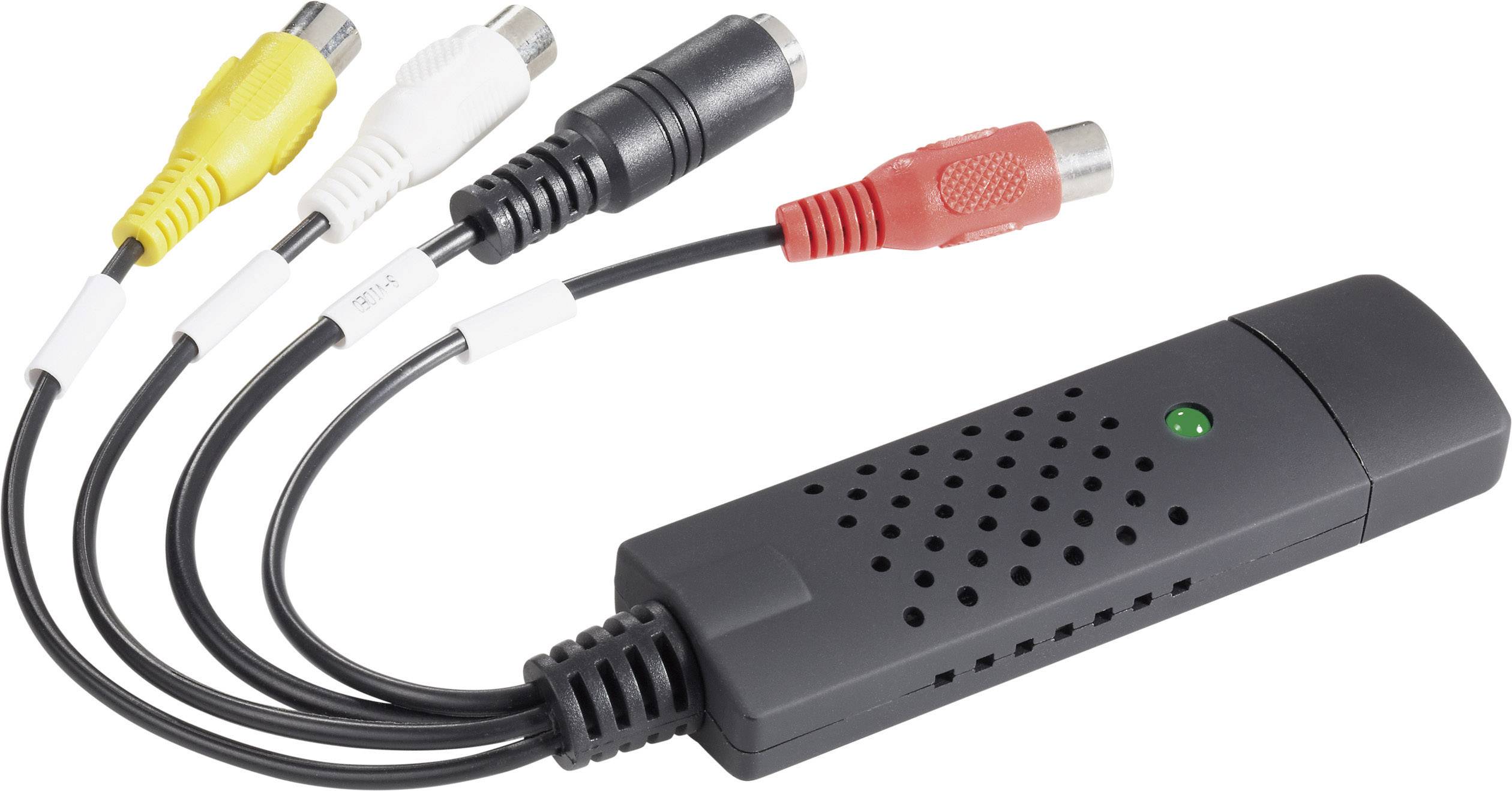 Un périphérique de capture vidéo USB avec quatre câbles : jaune, blanc, noir et rouge. Il est utilisé pour l'enregistrement ou la transmission de vidéos.