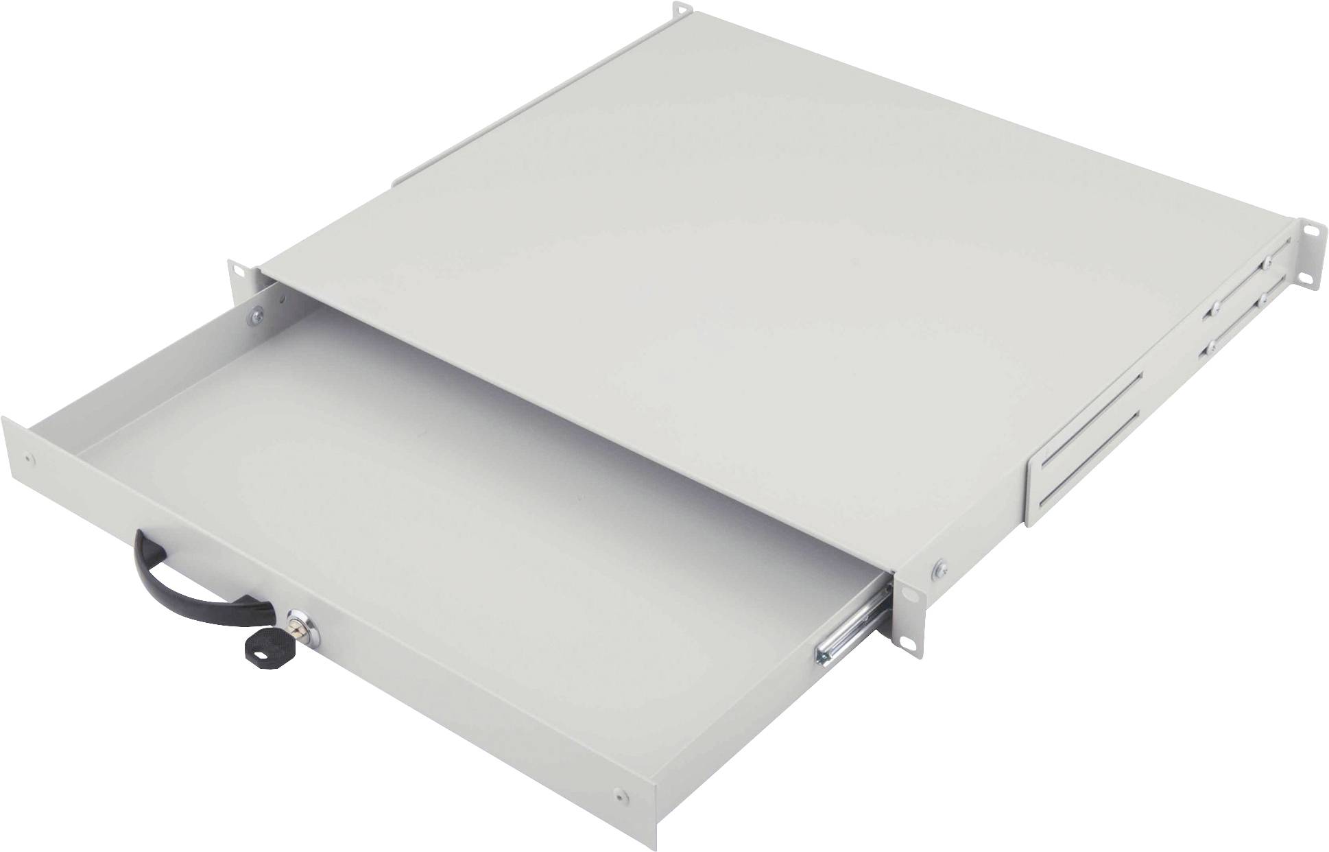 Un tiroir en métal gris, plat, avec une poignée noire, conçu pour être intégré dans un support et permettant de ranger de petits objets ou des documents.