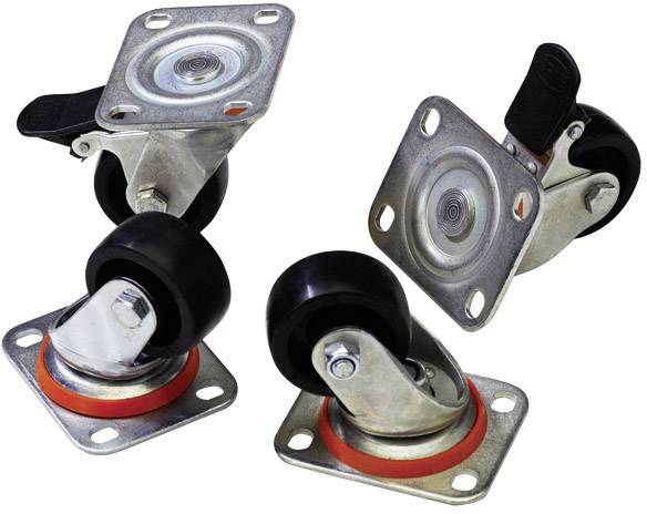 Deux types différents de roulettes noires pour meubles avec fixations métalliques sur fond blanc. À gauche avec frein, à droite sans frein.