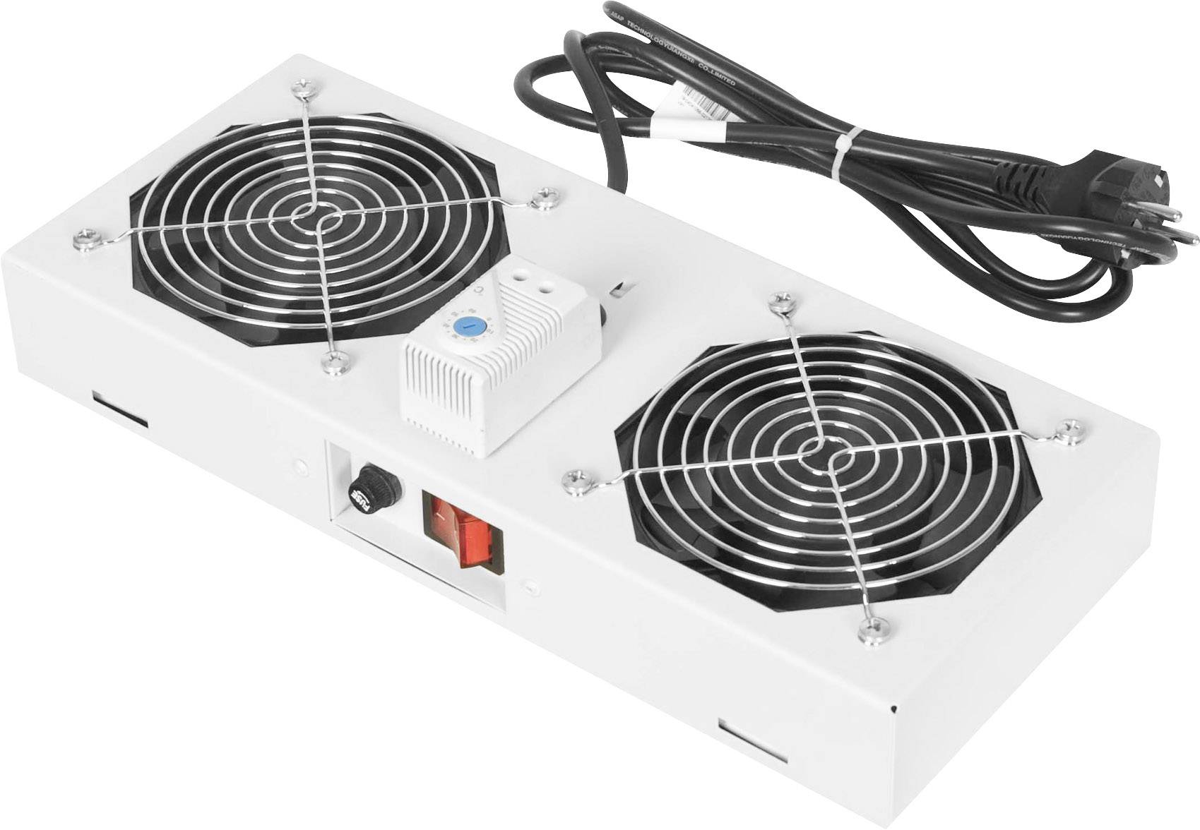 Ventilateur avec deux pales, un régulateur et un câble d'alimentation, destiné au refroidissement d'appareils ou d'espaces.