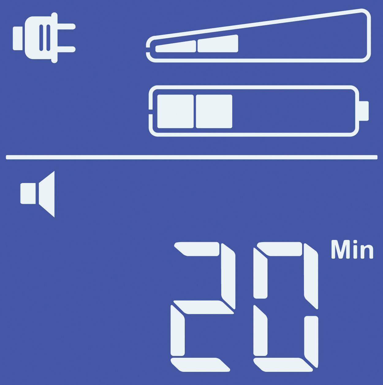 Écran de chargement avec un symbole de prise électrique, une barre de progression divisée en trois parties et l'indication '20 Min' restantes.