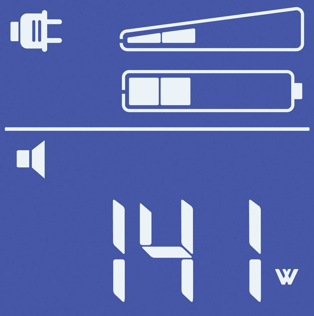 Affichage numérique avec un fond bleu indiquant un temps de charge de 141 minutes, un symbole de haut-parleur et un indicateur de charge avec deux barres.