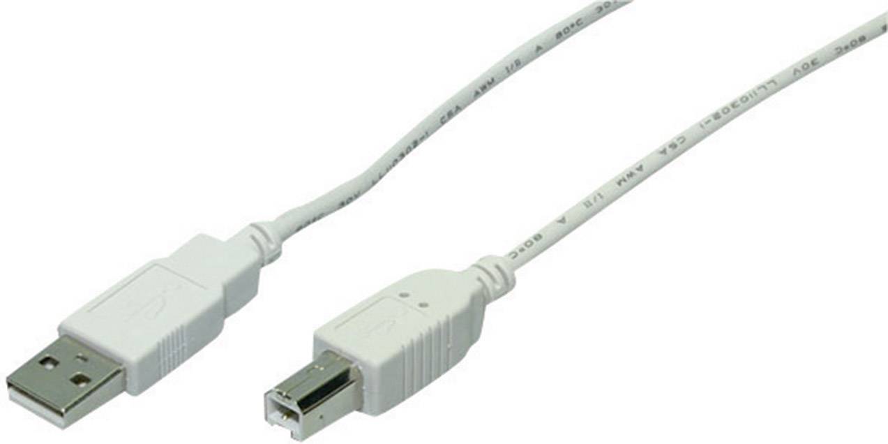Un câble USB blanc avec une fiche USB standard d'un côté et une fiche carrée de l'autre côté.