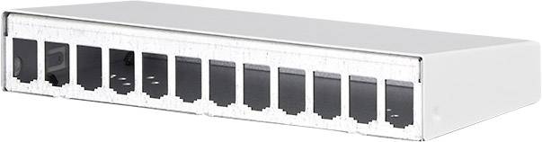 Un cadre métallique vide pour connexions réseau modulaires, de couleur argent, avec dix ports vides pour des configurations individuelles.