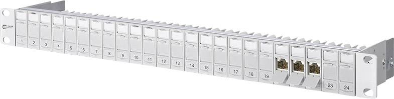 Panneau de brassage avec 24 ports, numérotés de 1 à 24, compatible avec un rack. Deux ports sont connectés.