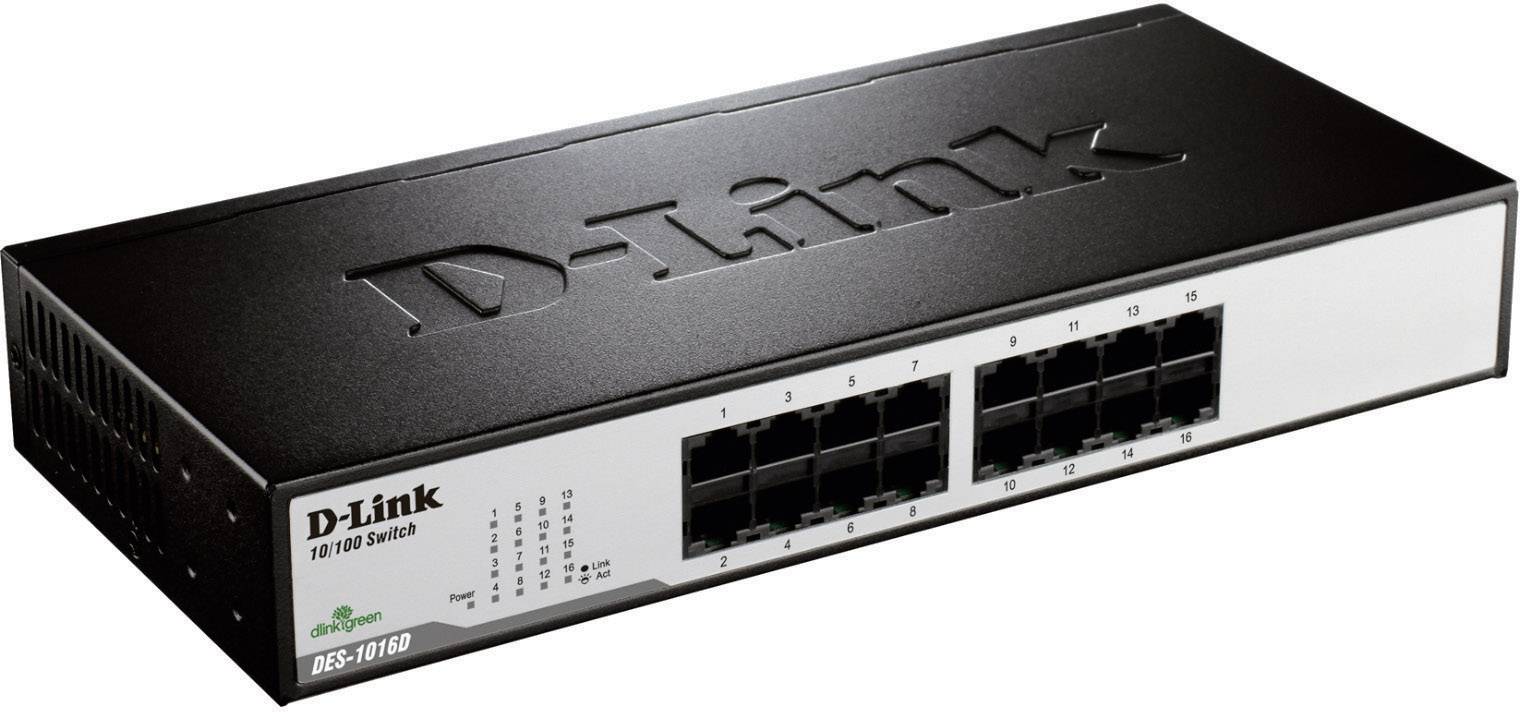 Un commutateur Ethernet D-Link noir à 16 ports avec deux rangées de ports à l'avant. Numéro de modèle : DES-1016D.
