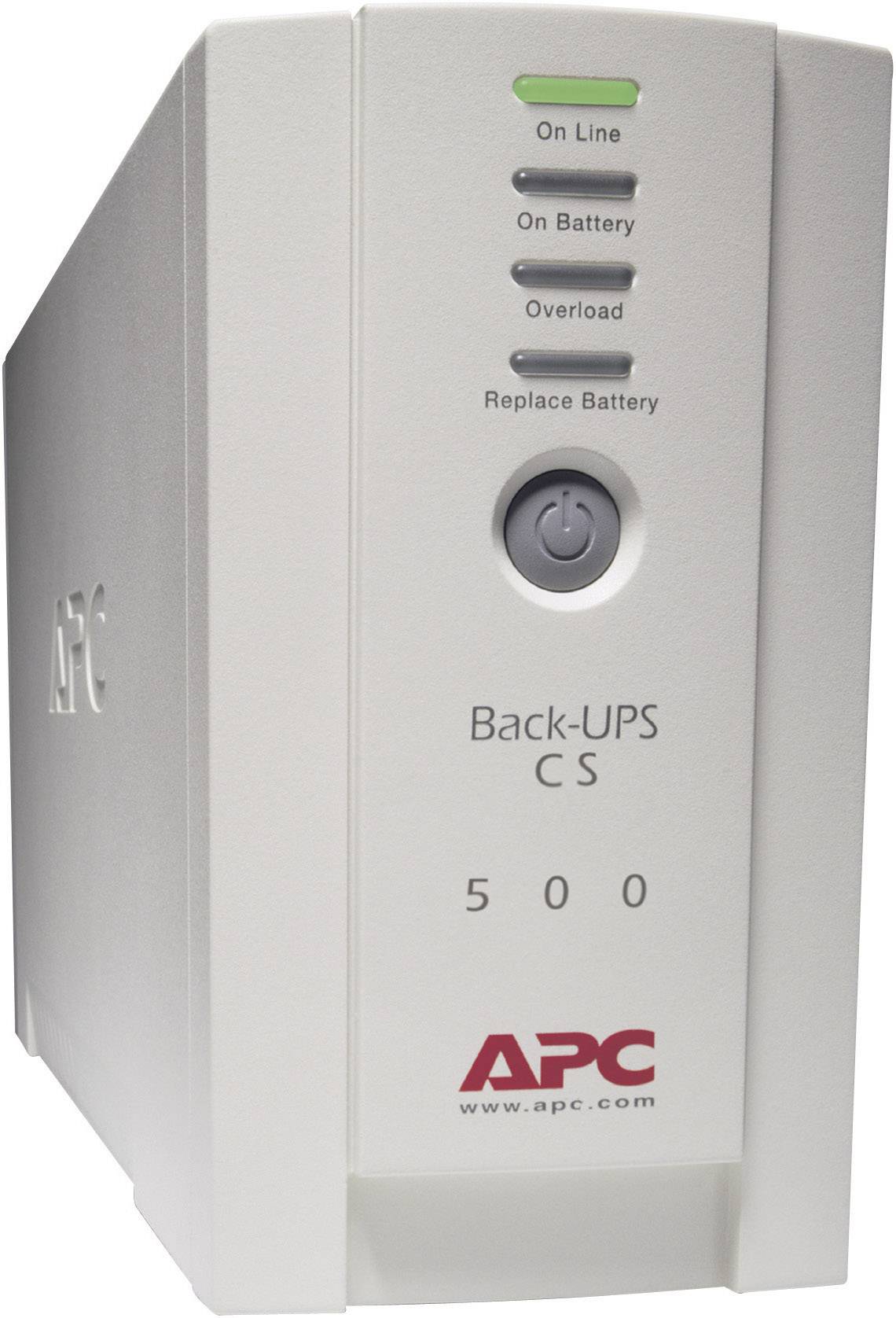 Une unité d'alimentation sans interruption (ASI) d'APC avec des indicateurs 'En ligne', 'Sur batterie', 'Surcharge' et 'Remplacer batterie'.