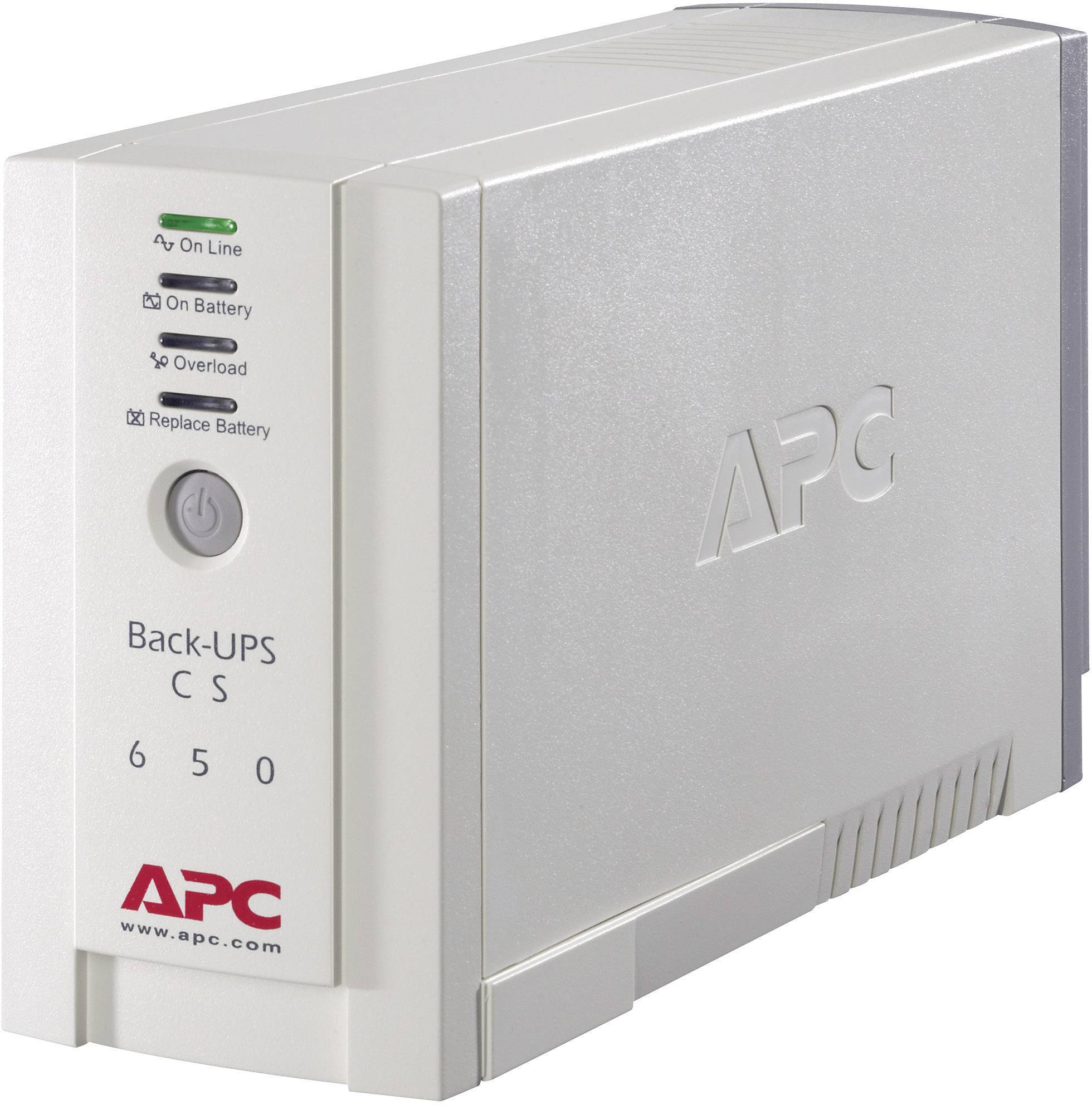 Onduleur (ASI) APC, modèle Back-UPS CS 650, couleur argent, avec indicateur de fonctionnement et témoins de statut.