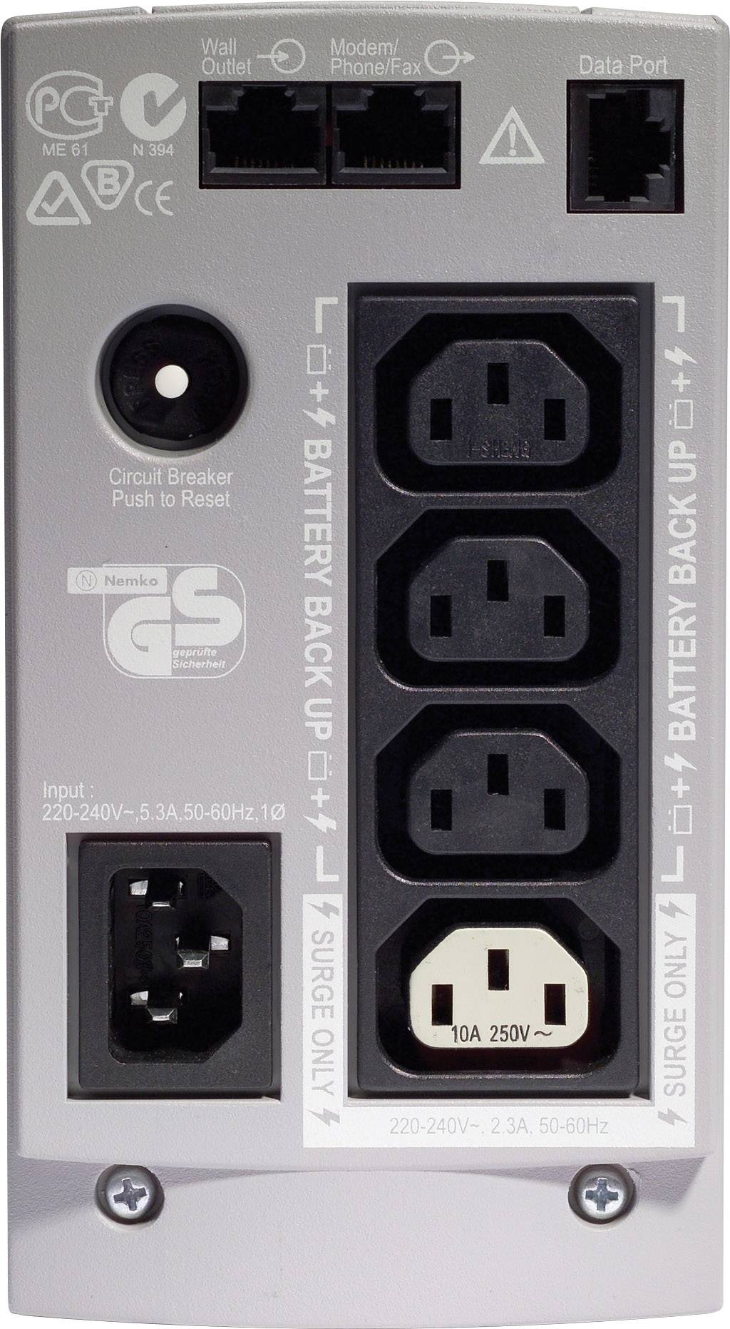 Vue arrière d'une unité d'alimentation sans interruption (ASI) avec prises électriques, entrée, ports de données et modem. Comprend un bouton de disjoncteur pour la réinitialisation.