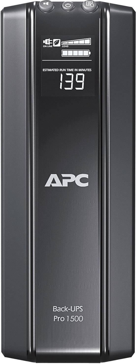 Onduleur APC Back-UPS Pro 1500 noir. L'affichage numérique indique l'autonomie estimée de 139 minutes, ainsi que le statut de la batterie et de l'alimentation électrique.