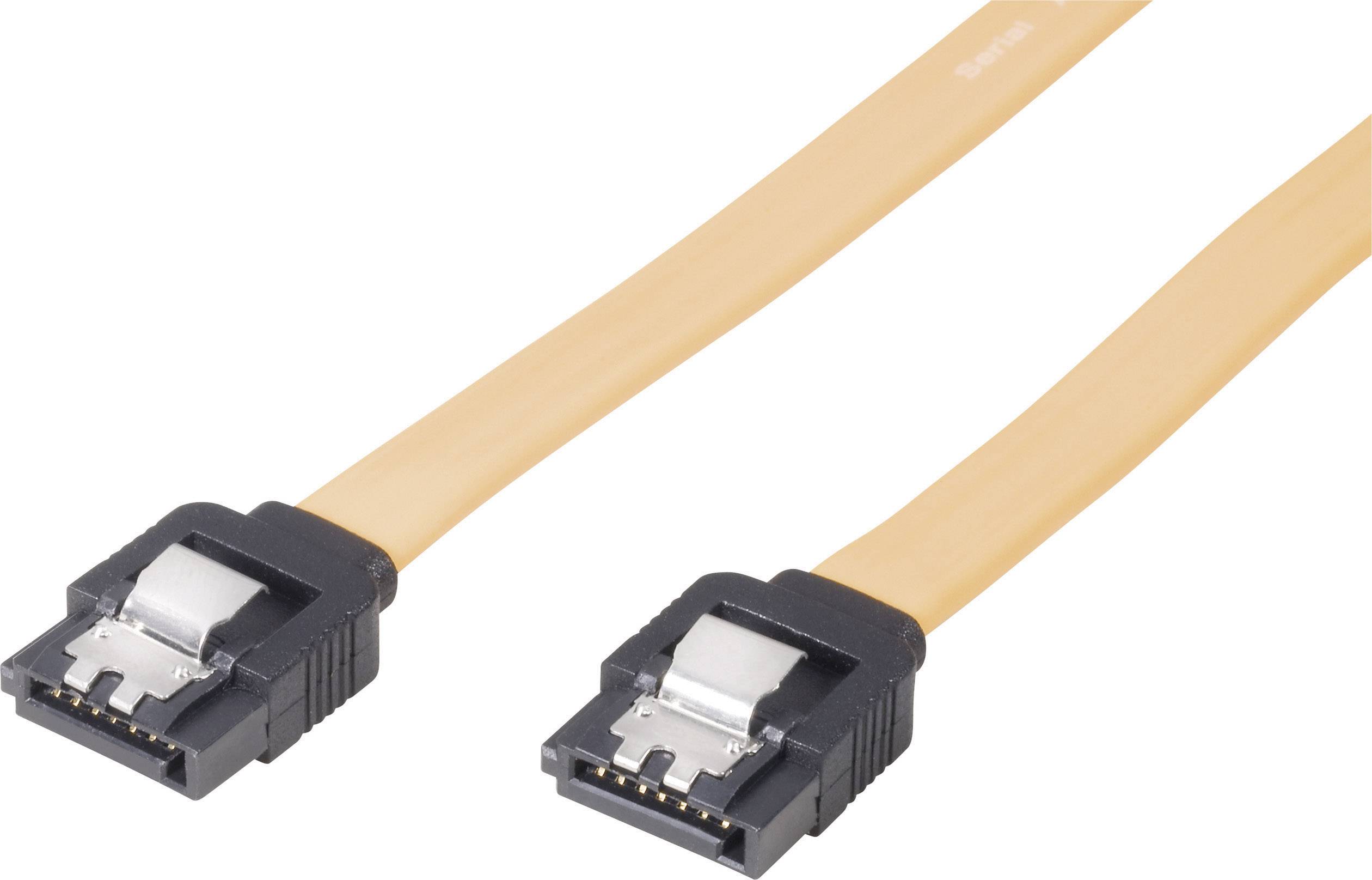 Un câble de données SATA orange avec deux connecteurs noirs à ses extrémités, souvent utilisé pour connecter les disques durs à la carte mère.