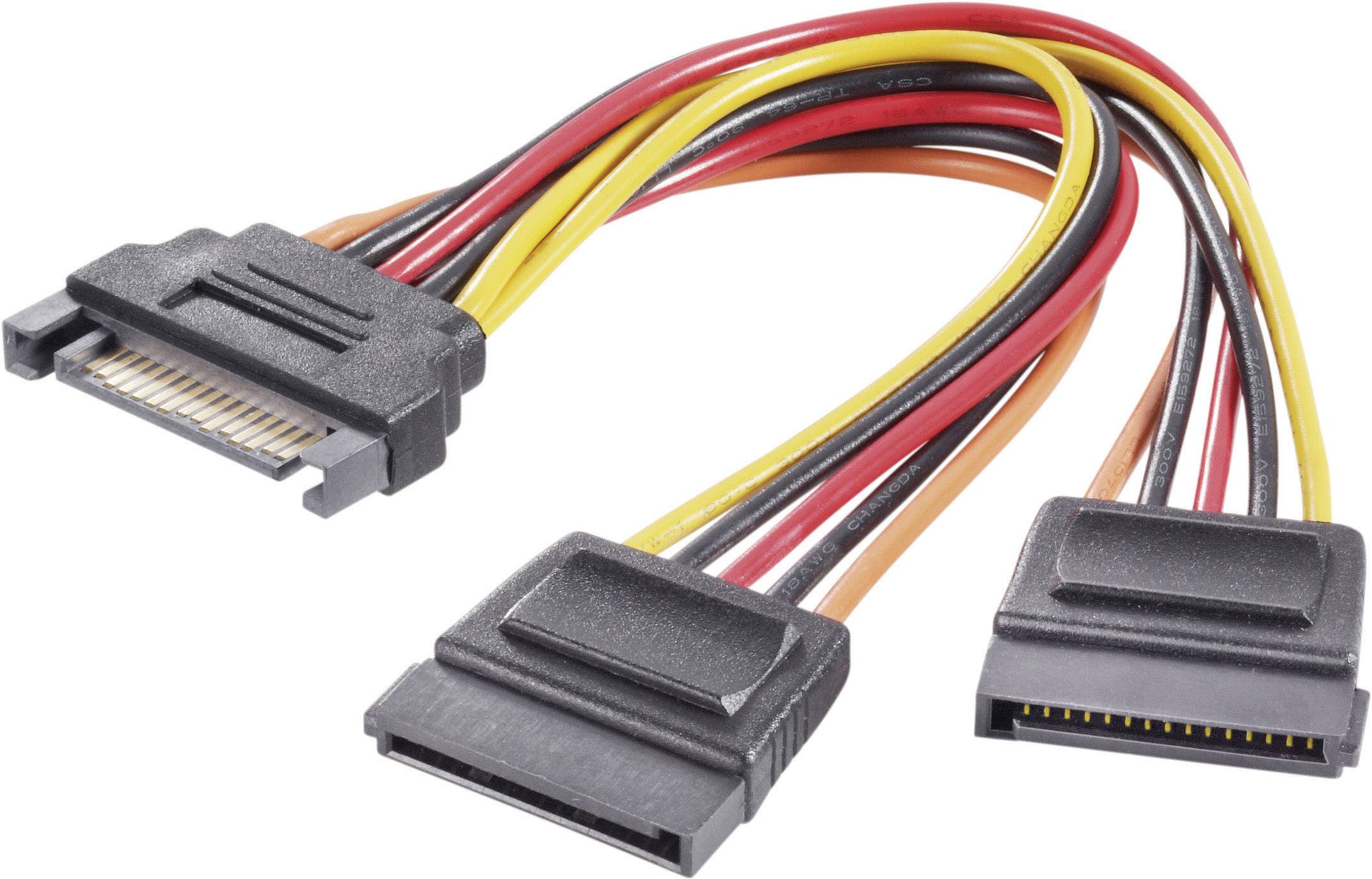Un câble d'alimentation SATA à trois connecteurs, utilisé pour alimenter les disques durs d'ordinateur.