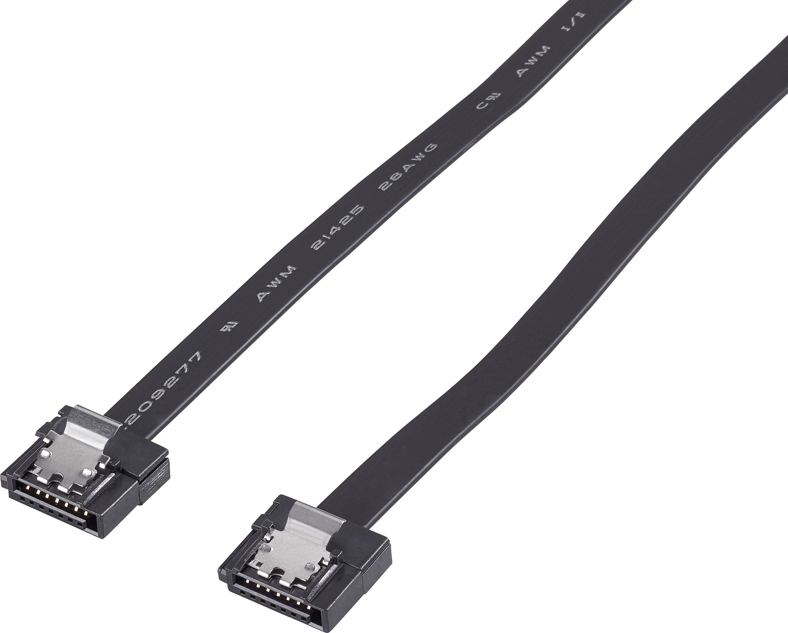 Câble SATA noir à deux connecteurs, utilisé pour relier des disques durs ou des SSD à la carte mère des ordinateurs.