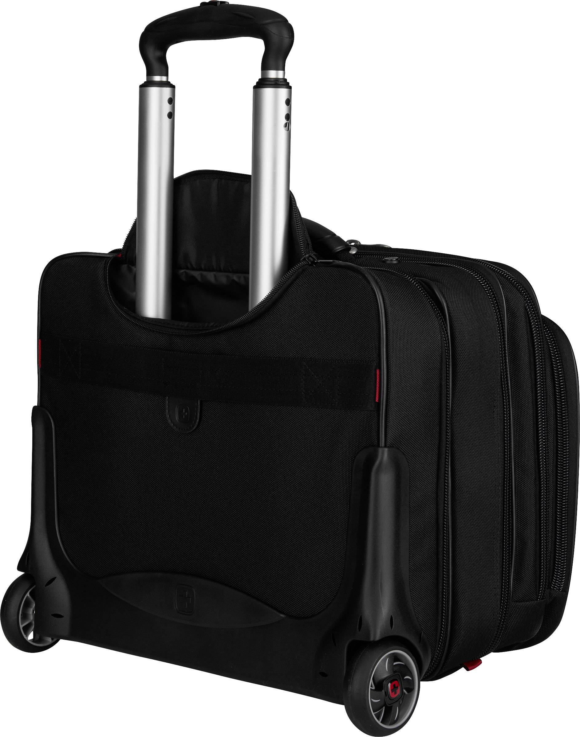 Une valise noire à roulettes avec poignée télescopique et deux roues, adaptée aux voyages ou aux déplacements professionnels.