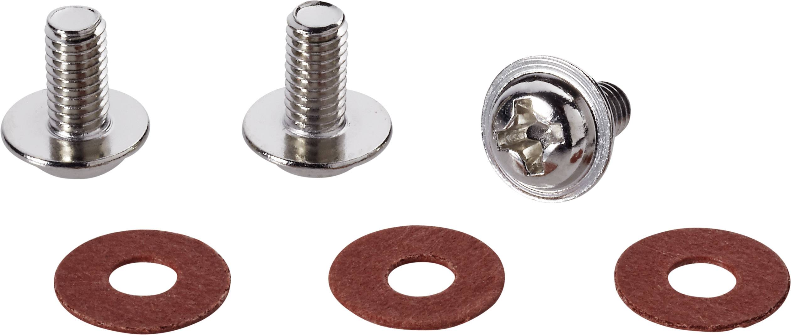 Trois vis en argent et trois rondelles marron-rougeâtre sur un fond blanc. Les vis sont à tête fraisée et possèdent un profil cruciforme.