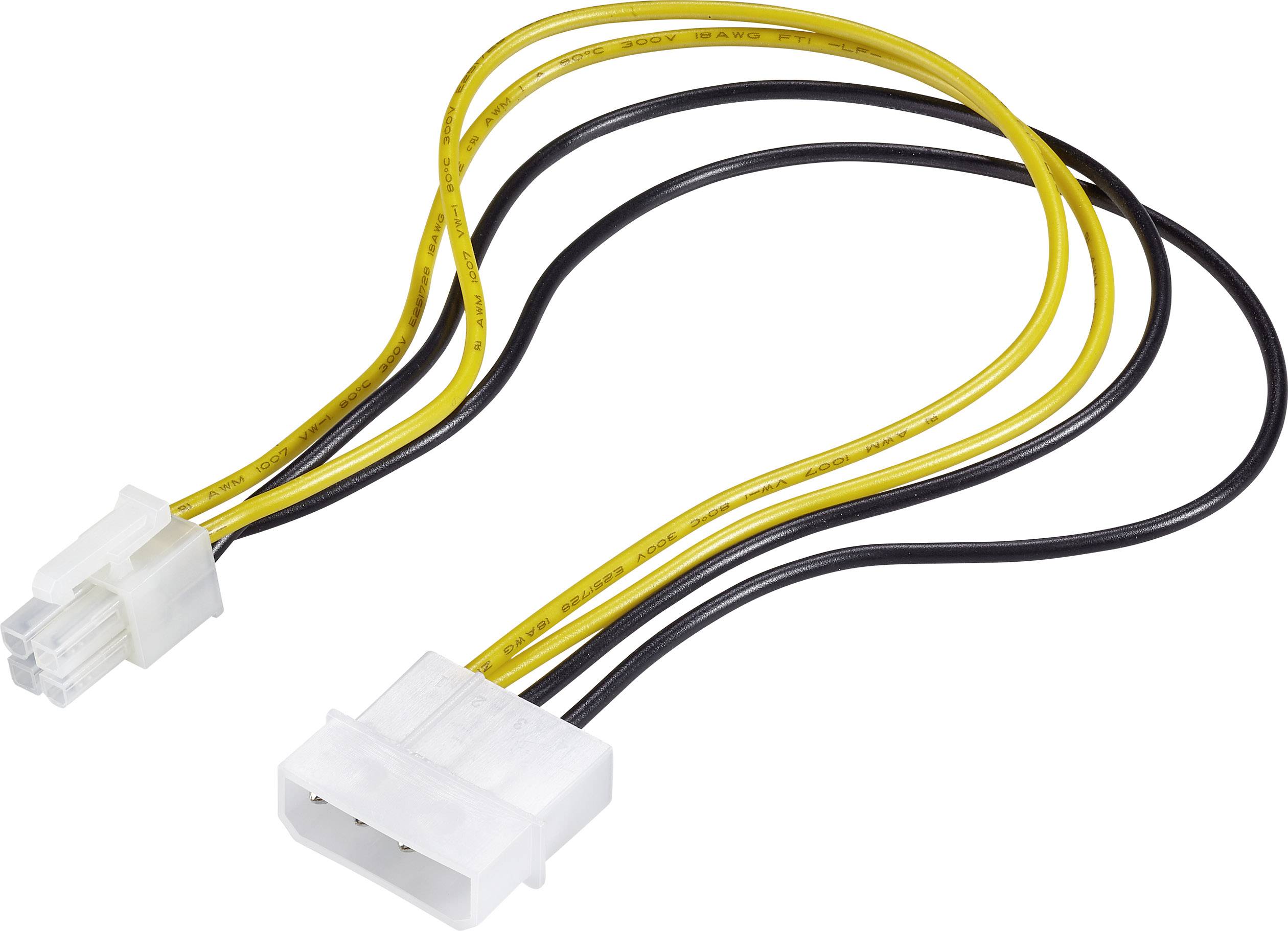 Câble adaptateur réseau pour PC avec deux extrémités : une fiche Molex blanche à 4 broches et une fiche à 6 broches, comprenant deux câbles noirs et deux câbles jaunes.