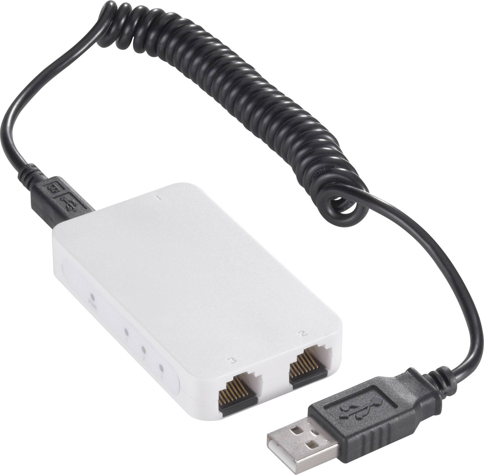 Un adaptateur USB avec deux ports Ethernet et un câble spiralé.