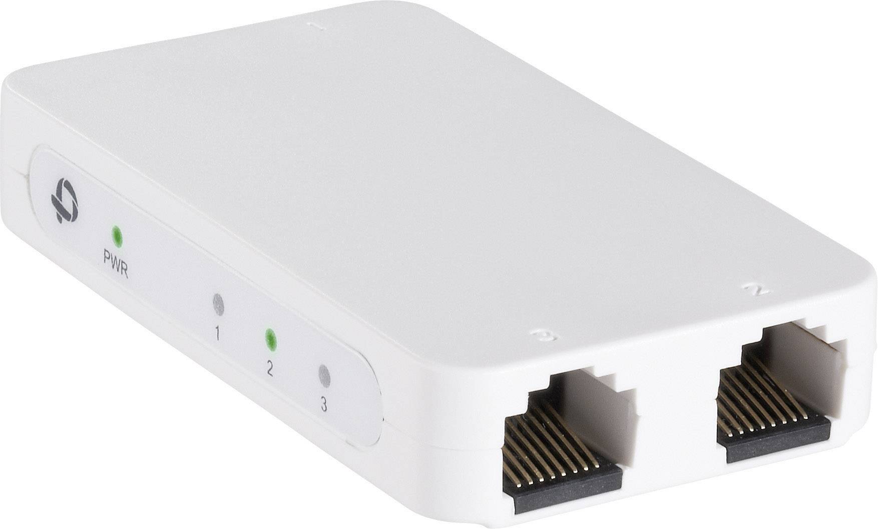 Adaptateur réseau blanc doté de deux ports Ethernet et de trois voyants LED sur le côté indiquant l'état de fonctionnement.