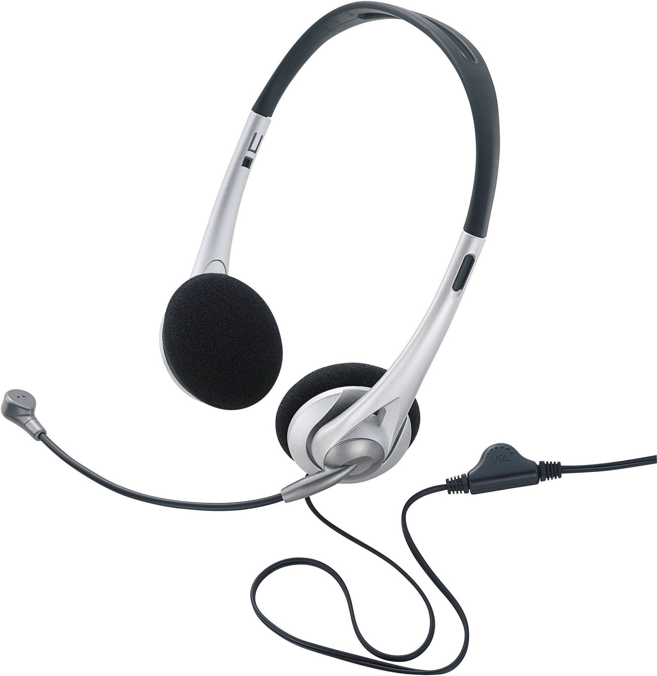 Un casque d'ordinateur argenté et noir avec microphone et câble. Il est posé à plat et prêt à être utilisé.