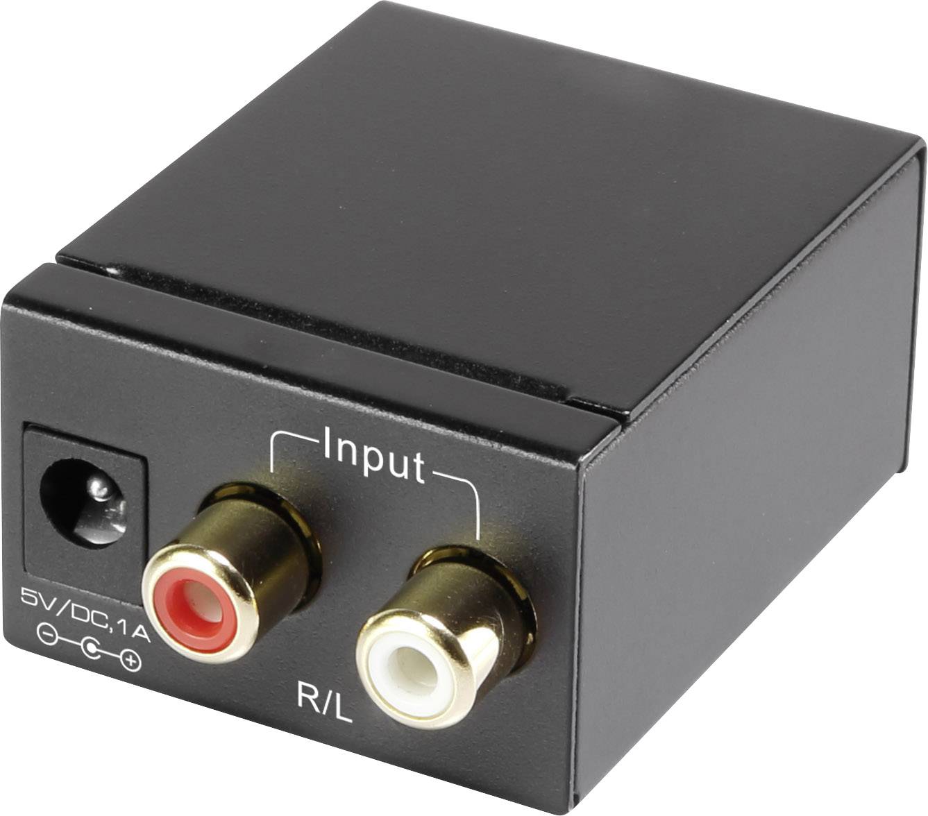 Un adaptateur audio noir avec deux entrées RCA, marquées 'Input' et 'R/L', et un connecteur pour alimentation 5V DC, 1A.
