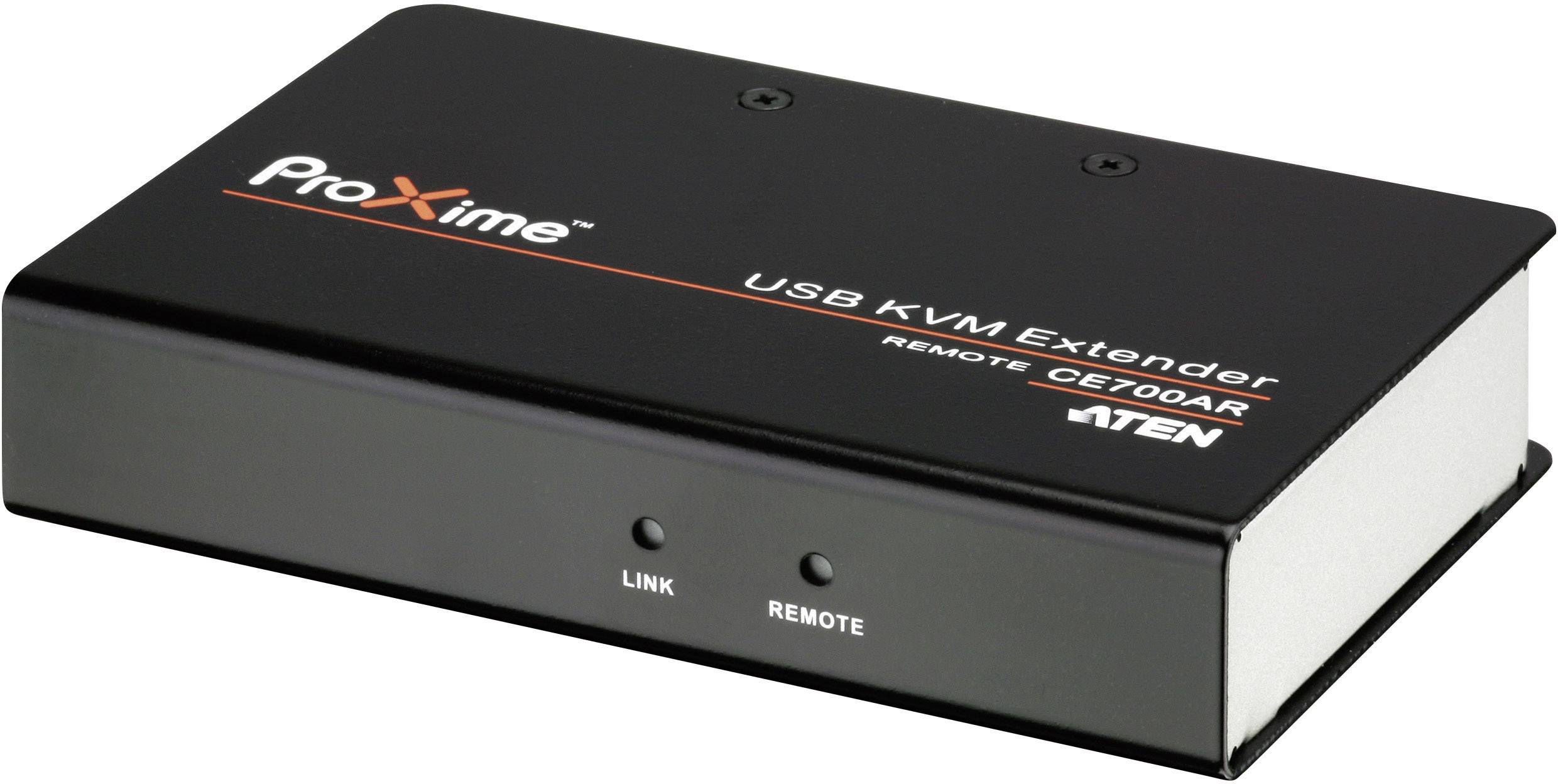 Un extendeur KVM USB Noir ProXime, modèle CE700AR, pour utilisation à distance, équipé de deux LED pour 'Liaison' et 'Distance'.