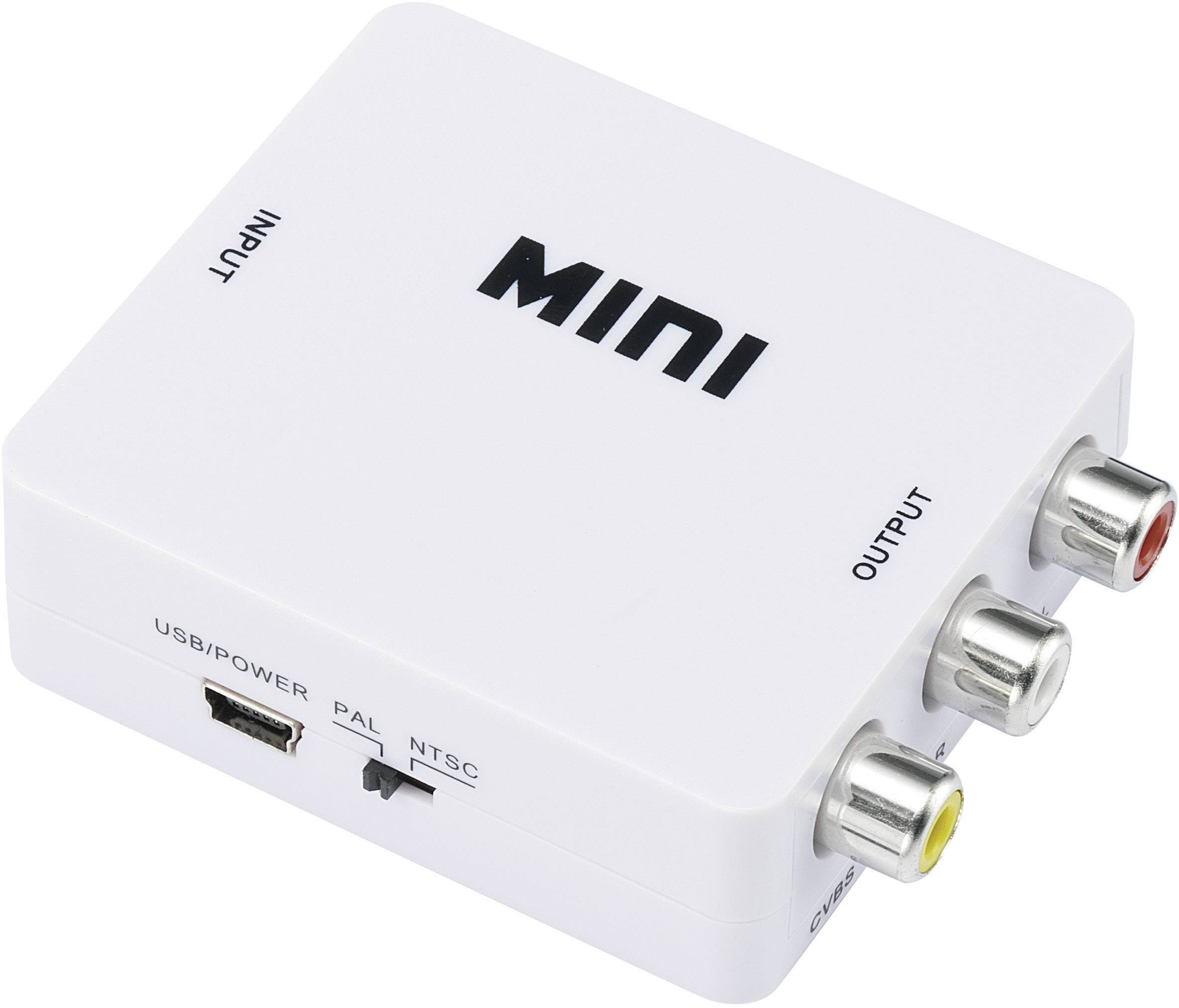 Un adaptateur AV mini blanc avec des ports d'entrée et de sortie pour composants vidéo et audio. Les marquages indiquent 'Input' et 'Output'.