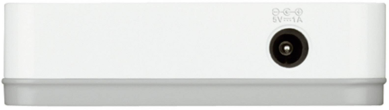 Un appareil électronique blanc avec une prise d'alimentation sur le côté. En haut est inscrit '5V === 1A'.