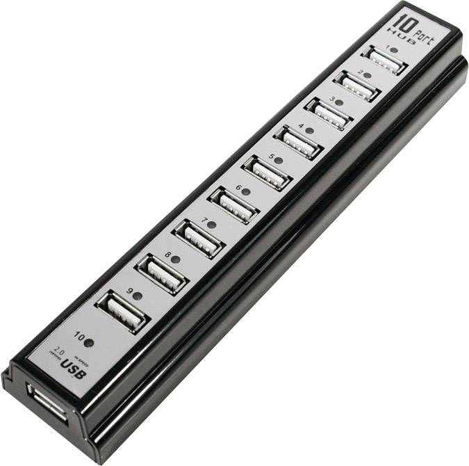 Un hub USB noir avec 10 ports, numérotés de 1 à 10. En haut à droite, on peut voir '10 port HUB' et en bas 'USB 2.0'.
