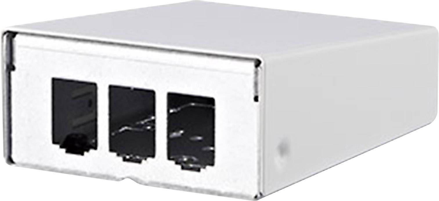 Un boîtier électronique rectangulaire argenté doté de deux connexions pour câbles réseau et une troisième connexion sur la façade avant.