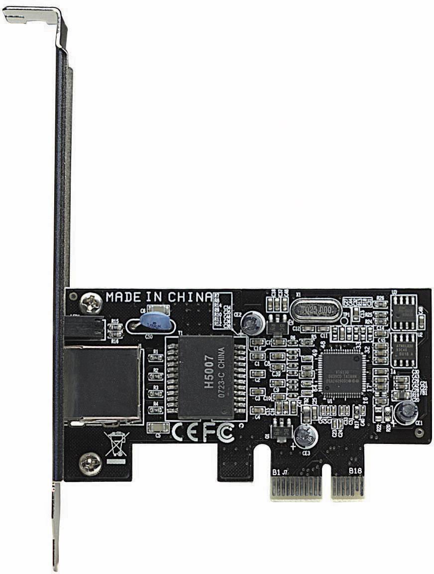 Une carte d'interface Ethernet PCIe avec des composants électroniques et des étiquettes, fabriquée en Chine.