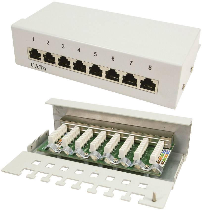 Panneau de brassage CAT6 à huit ports Ethernet. Fermé en haut, ouvert en bas pour une vue sur le câblage.