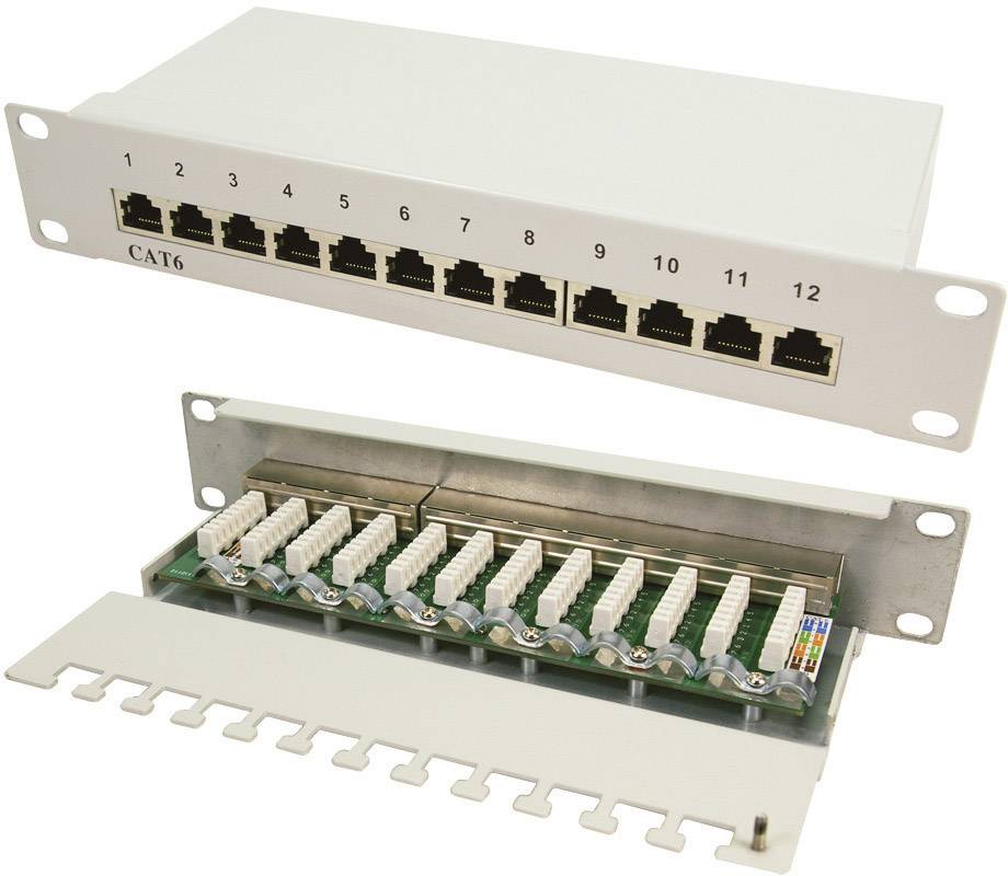 Panneau de brassage CAT6 à 12 ports. Présente les faces avant et arrière. La face avant comprend des ports RJ45 numérotés, la face arrière des connexions de câbles.