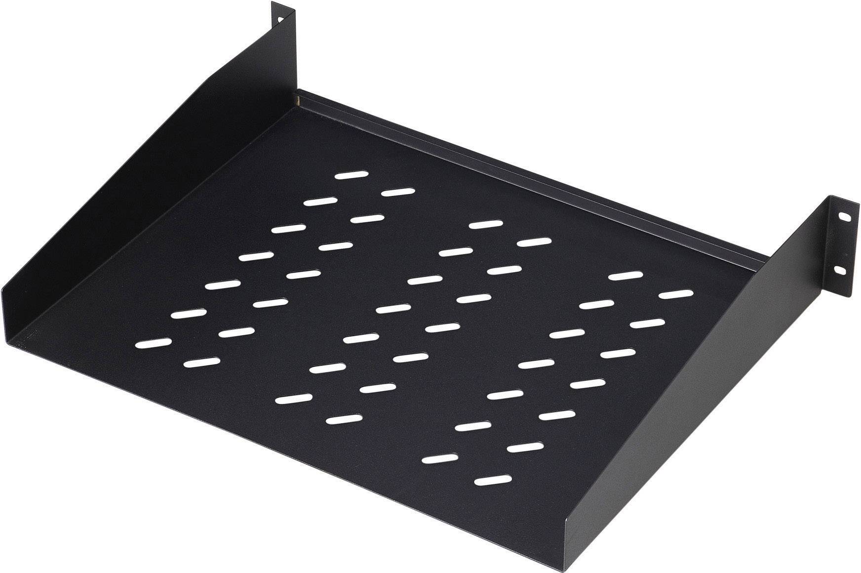 Étagère en métal noir perforée, adaptée au montage dans un rack serveur. Équipée de fentes de ventilation pour l'aération.