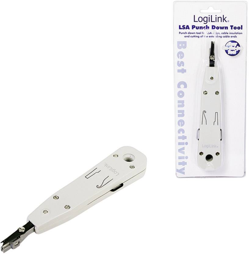 Un outil de poinçonnage LogiLink LSA à côté de son emballage. C'est un outil pratique pour le câblage réseau, doté d'un design ergonomique.