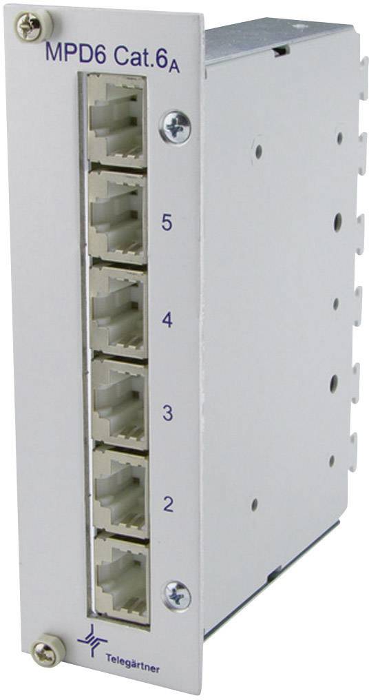 Panneau de brassage réseau MPD6 Cat.6A de Telegärtner avec cinq ports RJ45, disposés verticalement.