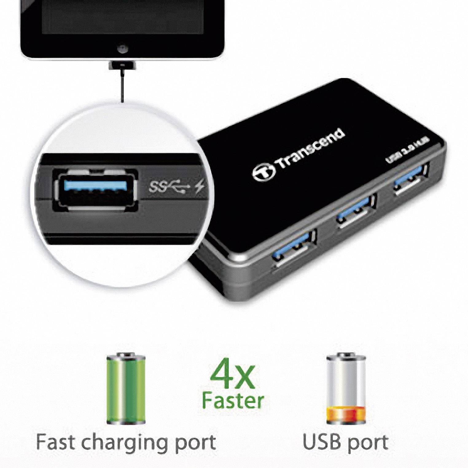 Hub USB 3.0 externe Transcend avec trois ports USB, dont un est désigné comme port de charge rapide.
