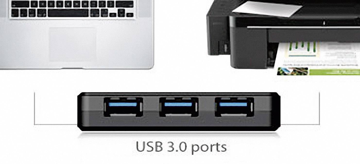 Hub USB avec trois ports USB 3.0, connecté à un ordinateur portable et une imprimante, offrant une connectivité étendue pour les périphériques.