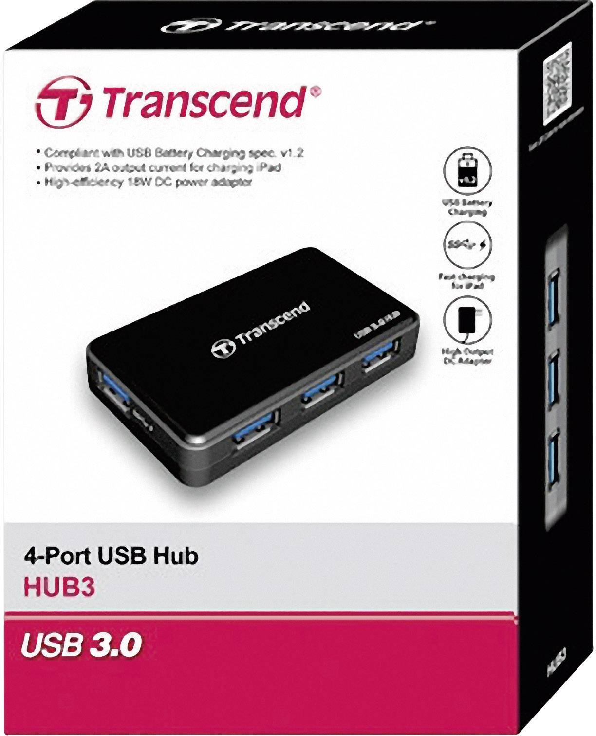 Hub USB 3.0 à 4 ports Transcend, dans son carton. Caractéristiques : spécification de charge de batterie USB 1.2, courant de charge de 2A, alimentation de 18W requise.