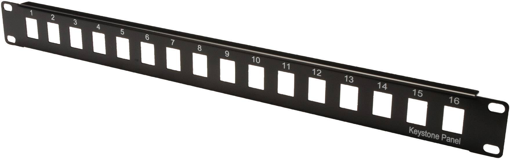 Panneau de brassage Keystone noir à 16 ports numérotés pour connexions réseau, vue de face.