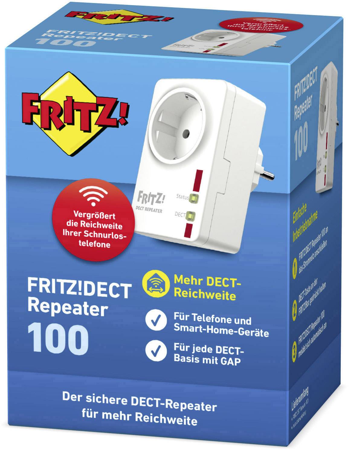 Emballage d'un Répéteur FRITZ!DECT 100. Appareil destiné à étendre la portée DECT, compatible avec les téléphones et les appareils domotiques.