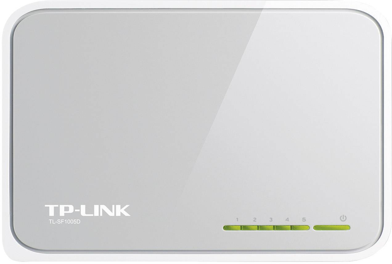 Un commutateur réseau TP-Link gris avec le numéro de modèle TL-SF1005D, doté de cinq ports réseau et de voyants LED verts sur la façade.