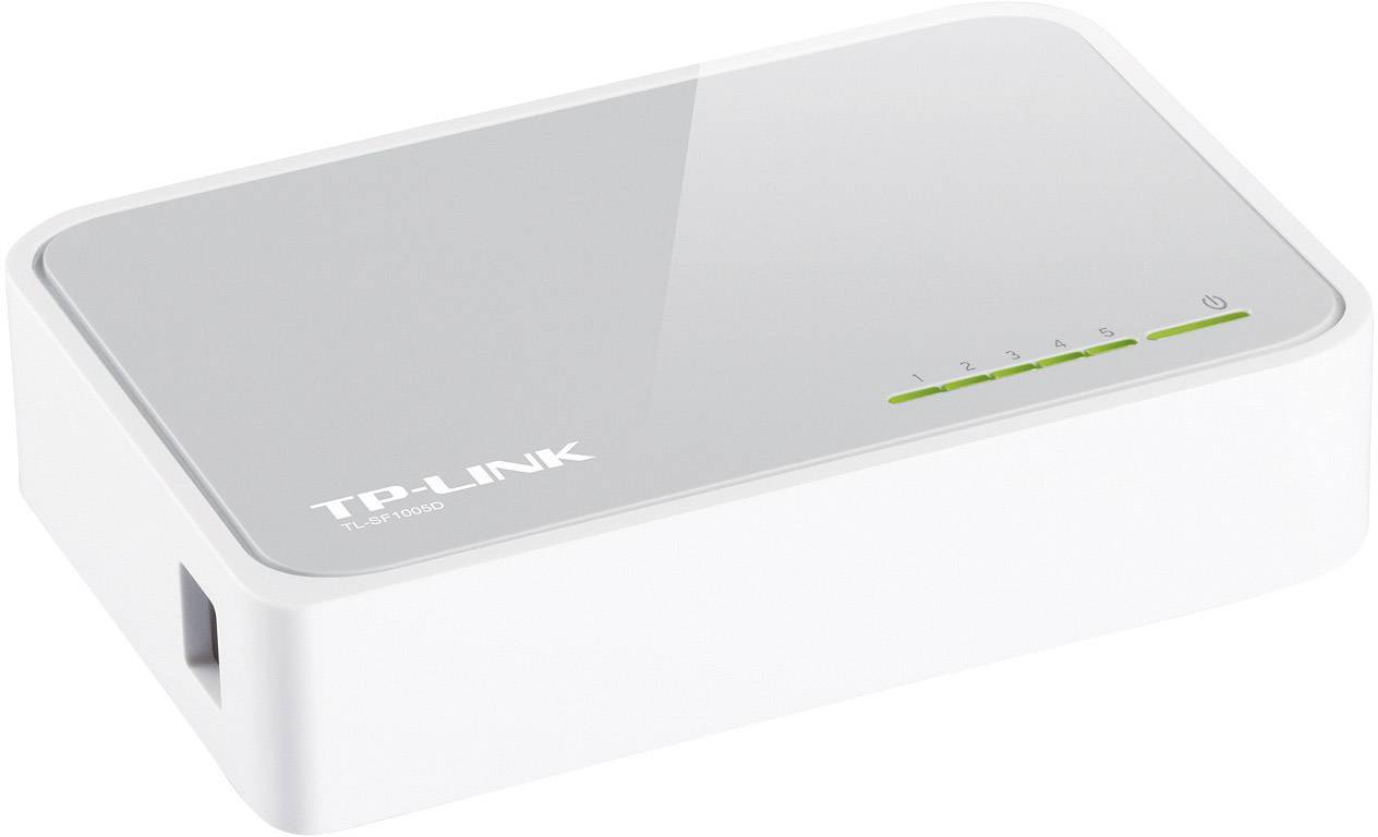 Un commutateur réseau TP-Link blanc à cinq ports avec un voyant DEL indiquant l'état de fonctionnement. Il sert à connecter plusieurs appareils.