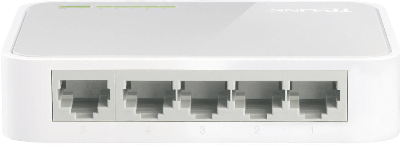 Commutateur réseau 'Tenda' avec cinq ports Ethernet sur la façade, adapté pour connecter plusieurs appareils au sein d'un réseau local.