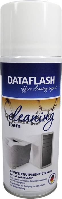 Bombe aérosol portant l'inscription « DATAFLASH cleaning foam, nettoyant pour équipements de bureau ». Adapté au nettoyage des fournitures de bureau.