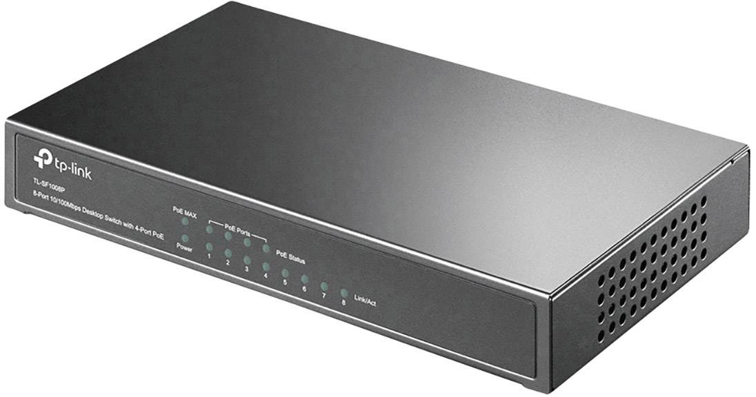 Commutateur de bureau noir TP-Link à 8 ports Gigabit avec des LED sur le devant pour indiquer l'état du réseau.