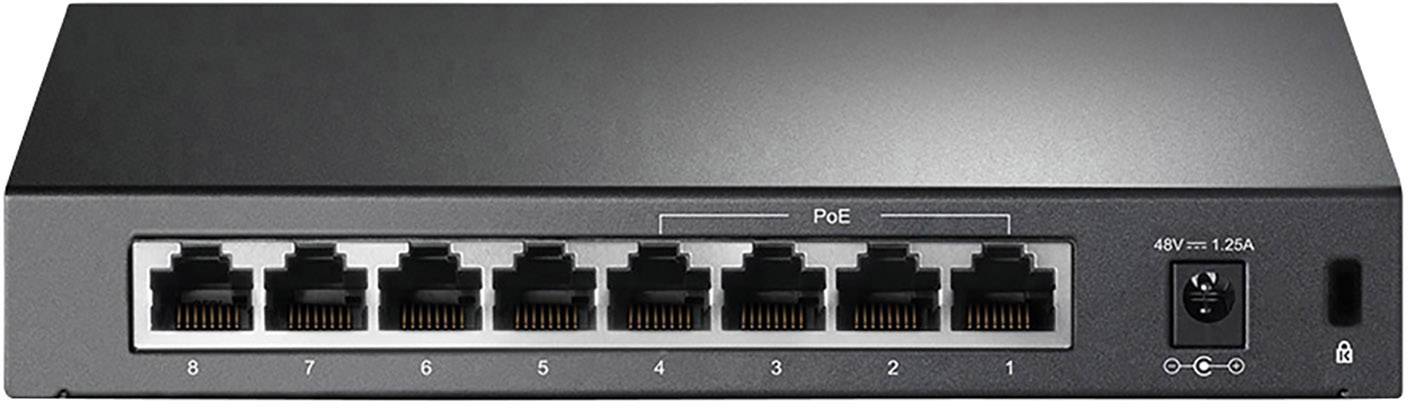 Un commutateur PoE à 8 ports avec connexions Ethernet, adapté à l'alimentation électrique et à la connexion réseau d'appareils compatibles.