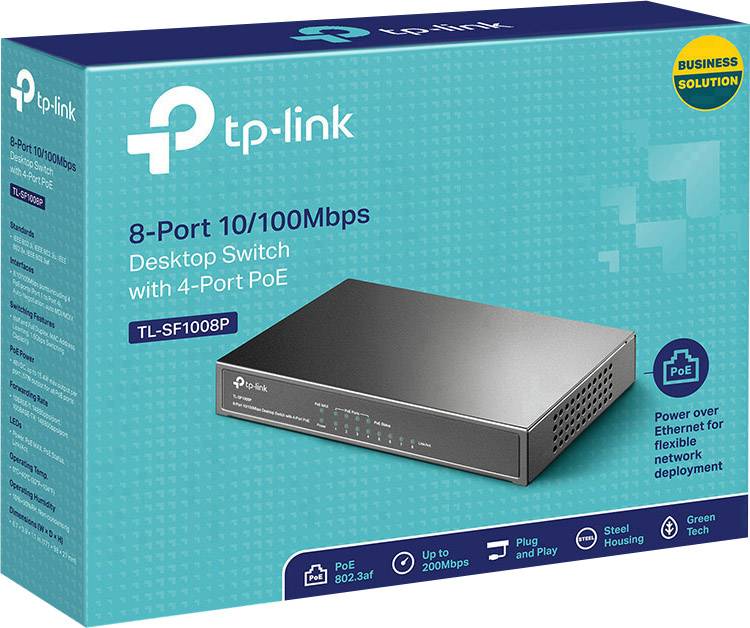 Commutateur de bureau TP-Link à 8 ports avec 4 ports PoE. Adapté aux déploiements réseau efficaces. Modèle TL-SF1008P.
