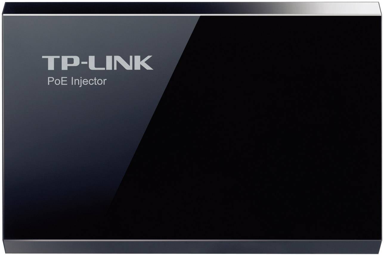 Injecteur PoE TP-LINK sur un boîtier noir. Appareil destiné à l'alimentation électrique des équipements réseau via un câble Ethernet.
