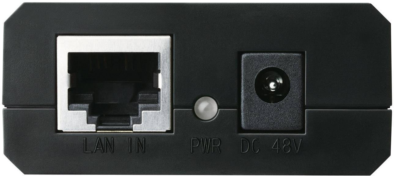 Unité de connexion noire avec entrée LAN et raccordement électrique en courant continu 48V, identifiée par 'LAN IN' et 'DC 48V'.